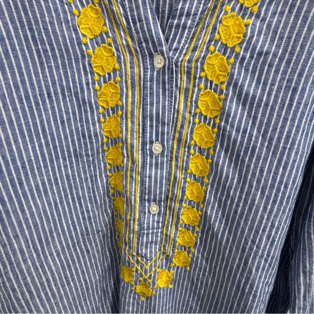 J.Crew Embroidered Blue White Striped 100% Linen Tunic Kaftan Blouse Top Small - Picture 5 of 9